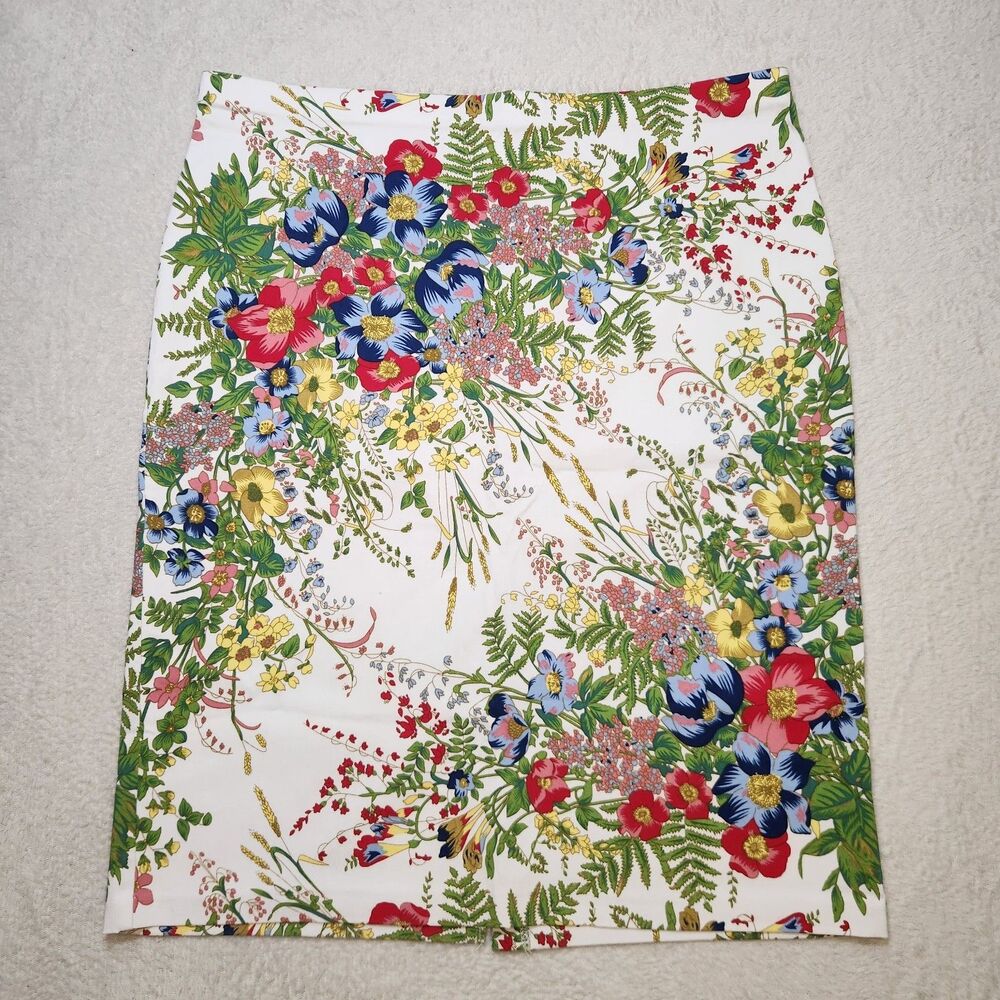 Linda Matthews Women's XL White Floral Stretch Pencil Skirt Pull On Slit Artsy